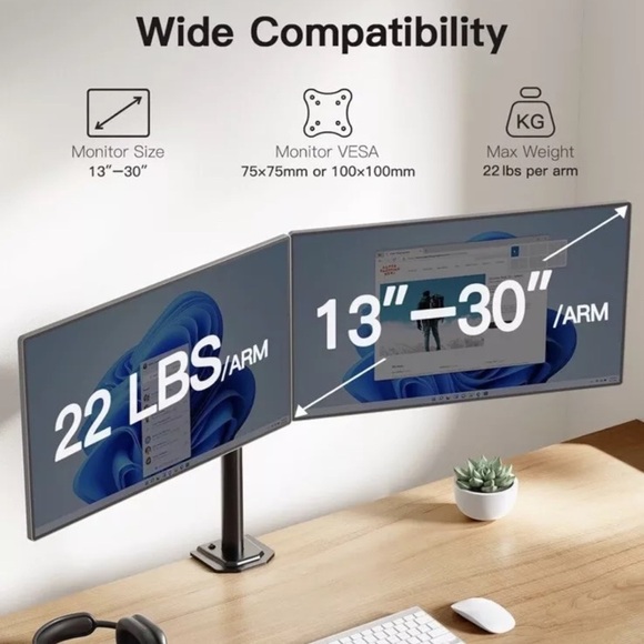 HUANUO Dual Monitor Desk Mount, Heavy-Duty Steel Adjustable Arm for Up To 30” - Picture 3 of 6